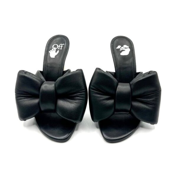 Off-White Allen Black Leather Bow Mule Sandals Stiletto Heel - Picture 1 of 14